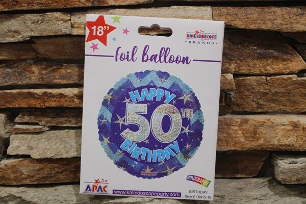 50. születésnapi hologramos fólia lufi 45 cm – happy birthday kék csillagmintás (50.szülinap)