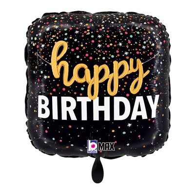 Fólia lufi – Happy Birthday – fekete, (színes konfettis)