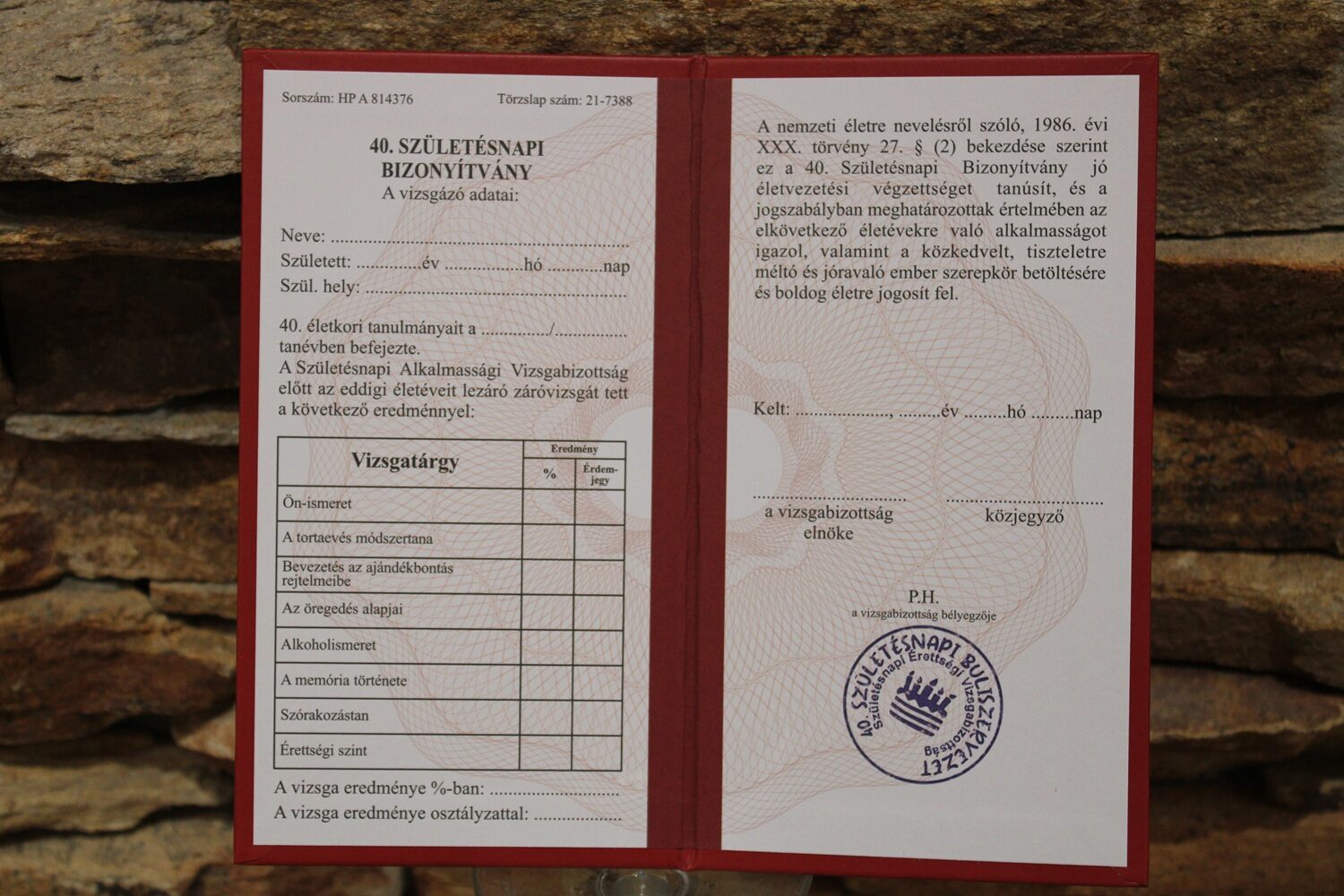 bizonyítvány 40.szülinap