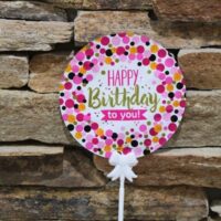 Önfelfújó happy birthday fólia lufi fehér rózsaszín pöttyökkel, fekete pöttyökkel 