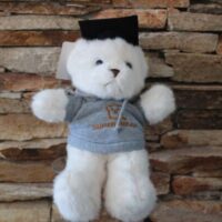 ballagási plüss maci szürke pólóban, talársapkával