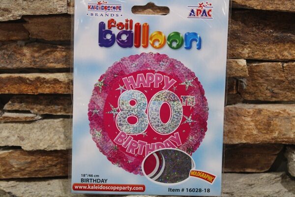 80. születésnapi pink hologramos fólia lufi 45 cm – Happy Birthday csillagmintás