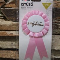 rózsaszín lánybúcsú kitűző arany felirattal – elegáns kokárda