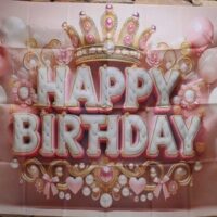 happy birthday rózsaszín koronás party háttér – 100 × 150 cm | partyballon
